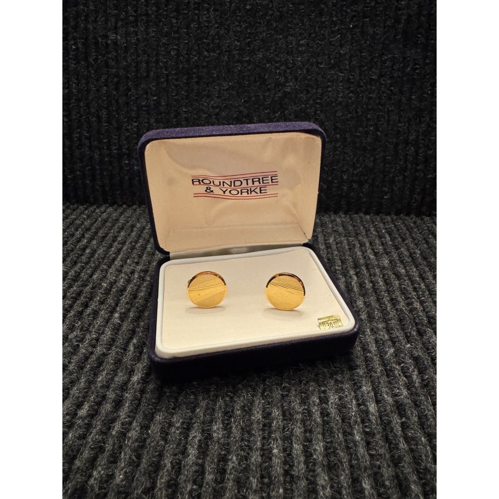 Vintage Roundtree & Yorke Gold Tone Cufflinks Round Textured W/ Original Box